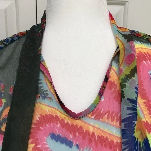 Desigual Sheer Floral Tie V-Neck Blouse S Y2K Cap Sleeve Art Print - Picture 4 of 17